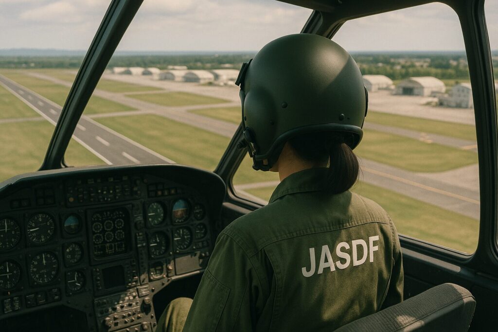 コクピットから飛行場を見下ろす航空自衛隊の女性パイロット