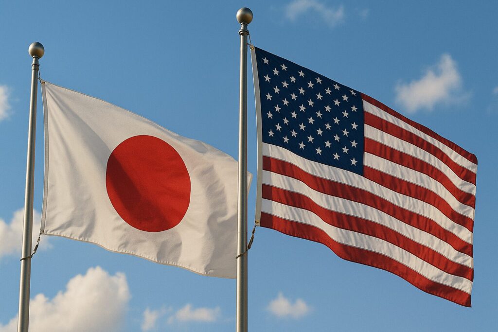 青空に並んではためく日の丸と星条旗