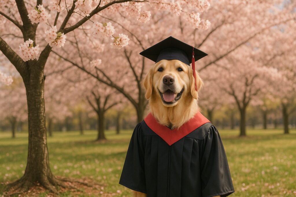 桜の木の下に立つレトリバーの大学卒業生