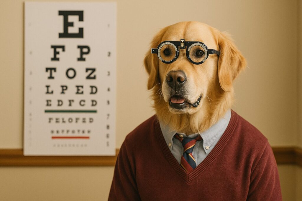 視力検査を受けるレトリバーの高校生