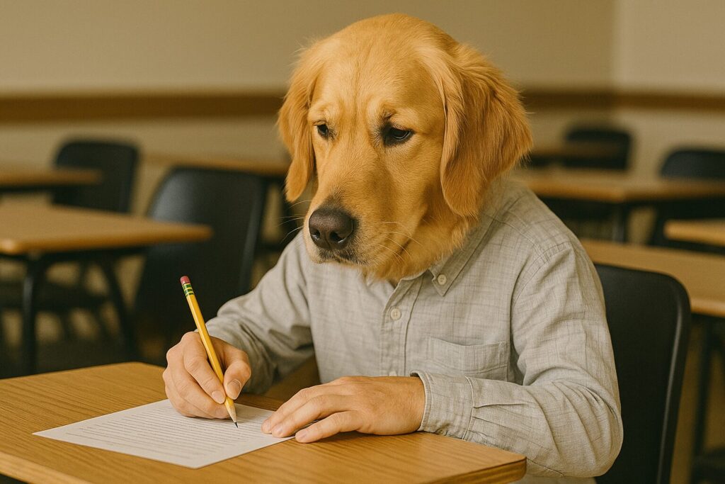 筆記試験を受けるレトリバーの受験生