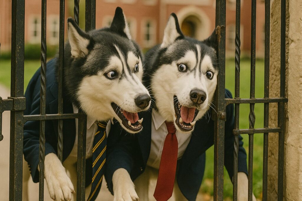 狭い門を我先に通り抜けようと争うハスキーの受験生2人