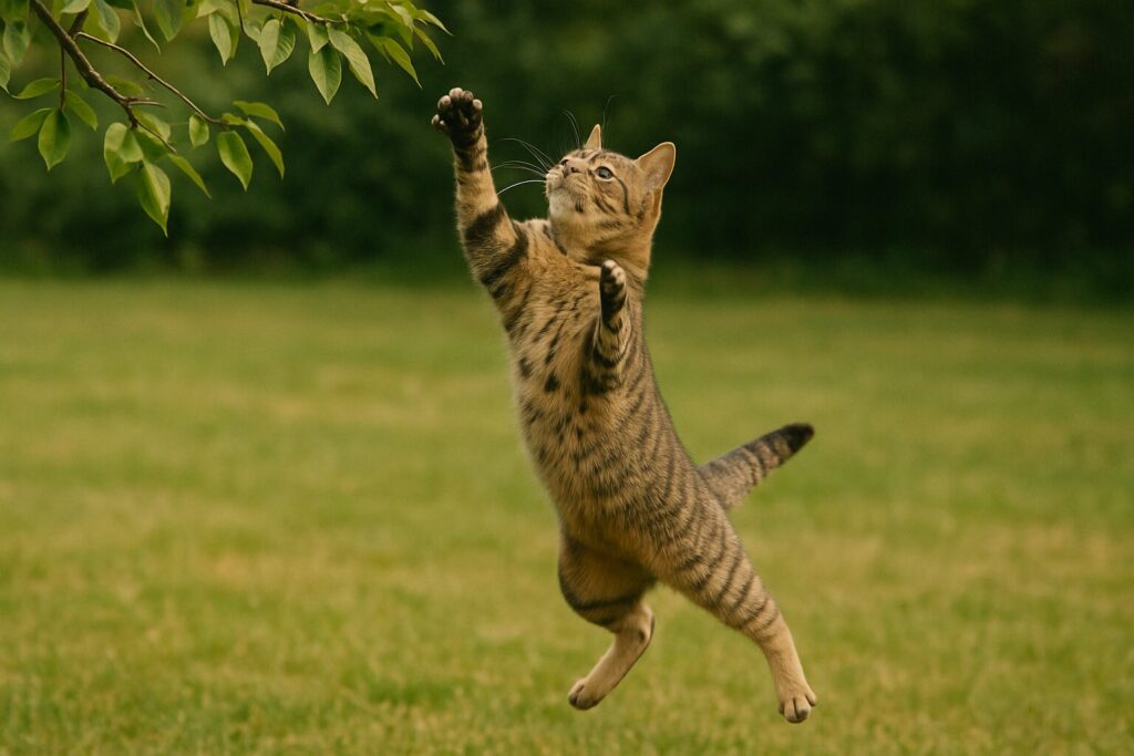 ジャンプするがギリギリ枝に届かない猫