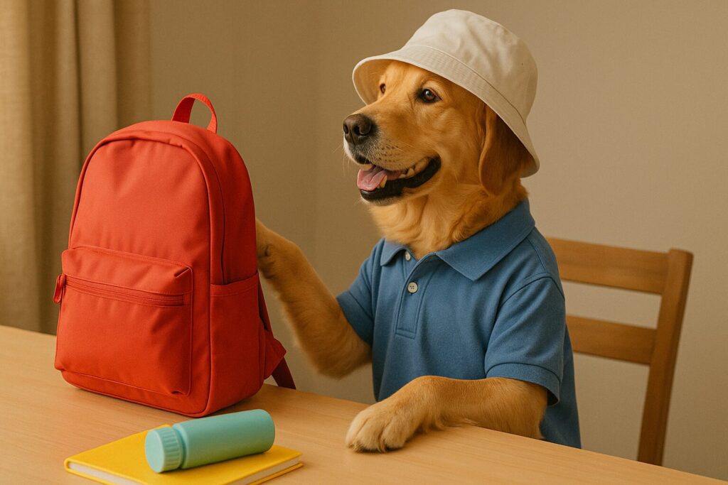 遠足の準備をするレトリバーの小学生