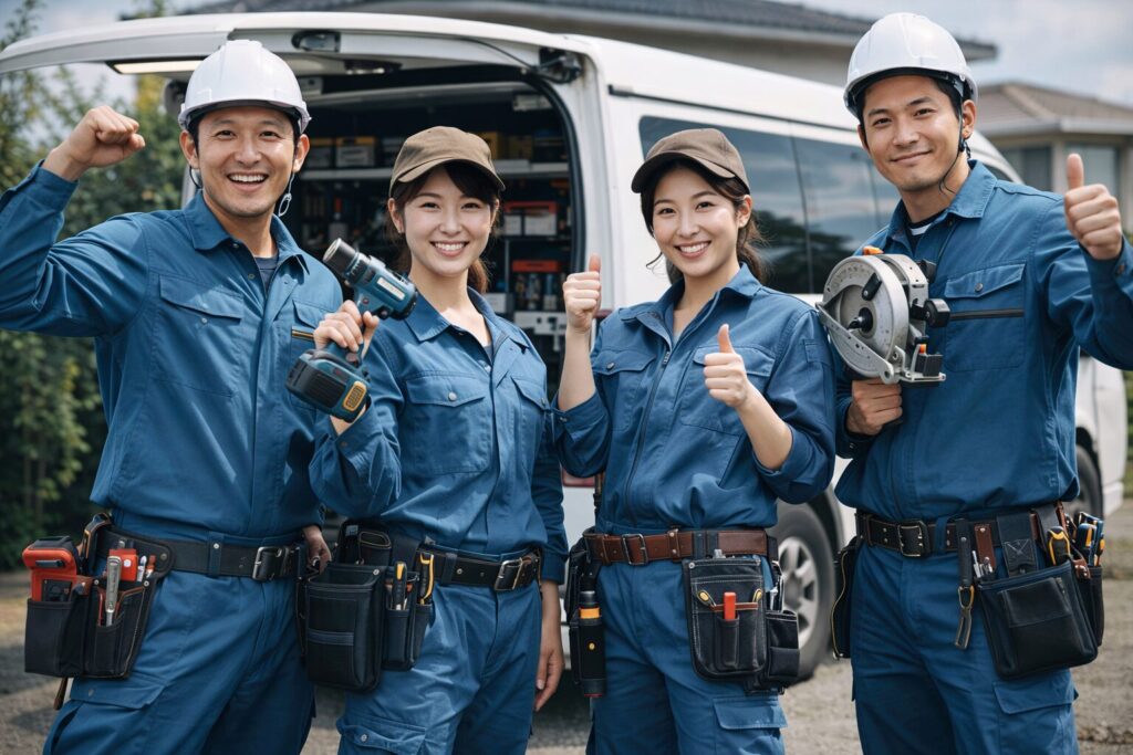 ポージングをする便利屋の男女グループ