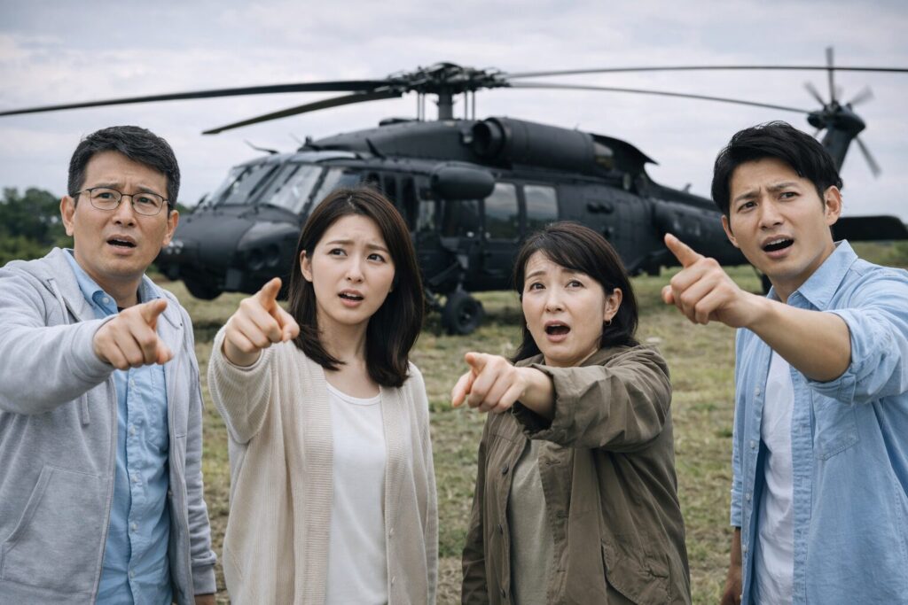 不安な表情で黒いヘリコプターを指差す人々