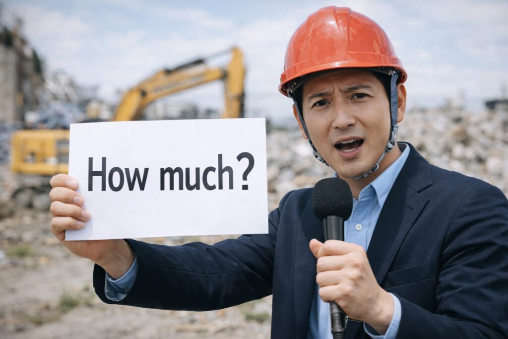 「How much?」と書かれたプラカードを見せつける赤いヘルメットをかぶったレポーター