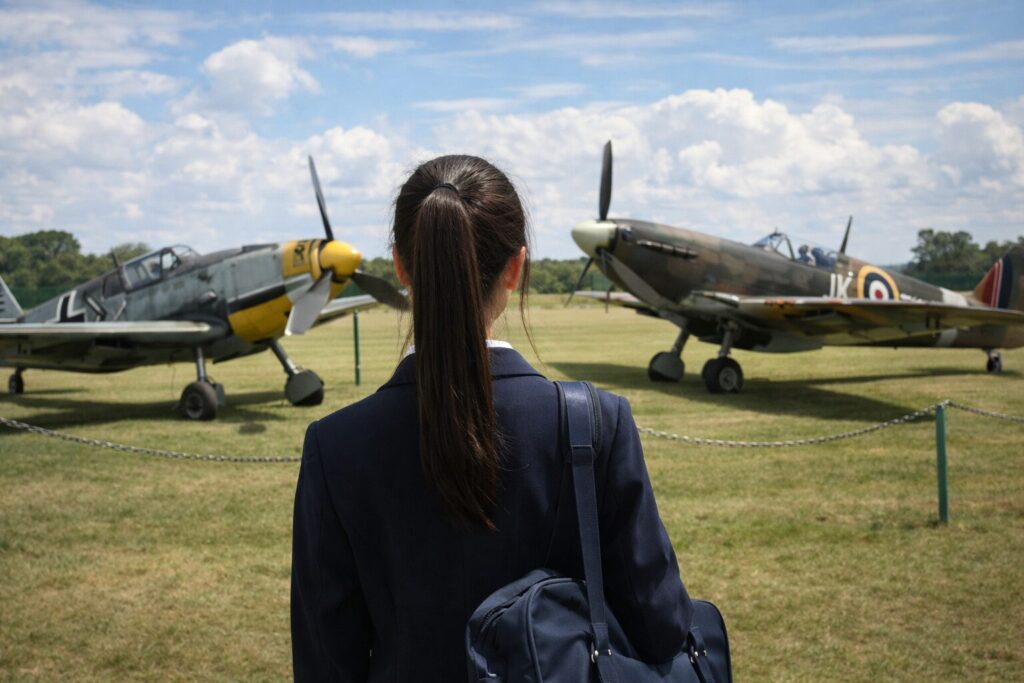 メッサーシュミットとスピットファイアを見比べる女子高生