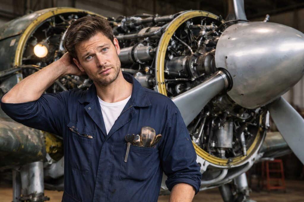 戦闘機エンジンの前で首をかしげるメカニック