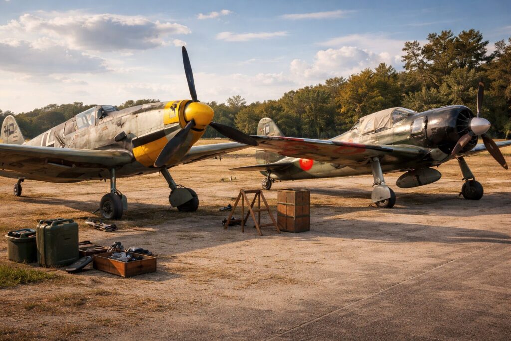 駐機中のメッサーシュミットと零戦