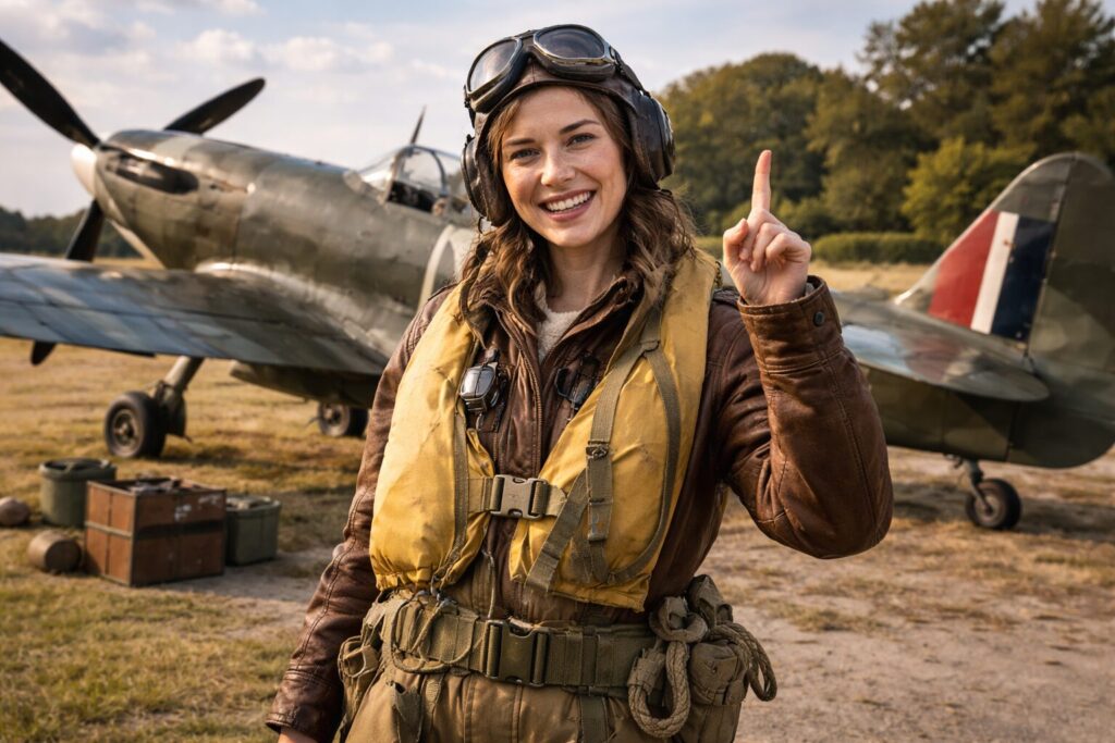 駐機中のスピットファイアの前で人差し指をたてる笑顔の女性パイロット