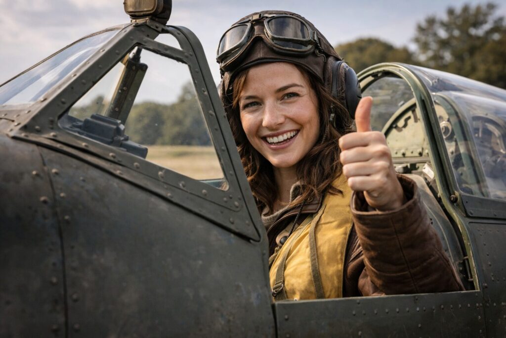 スピットファイアのコクピットから親指を立てる笑顔の女性パイロット