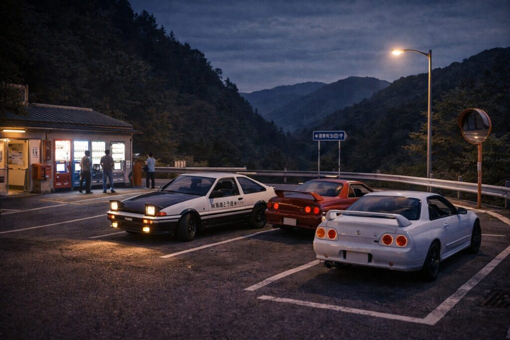 アニメ「イニシャルD」のような峠のパーキングエリア