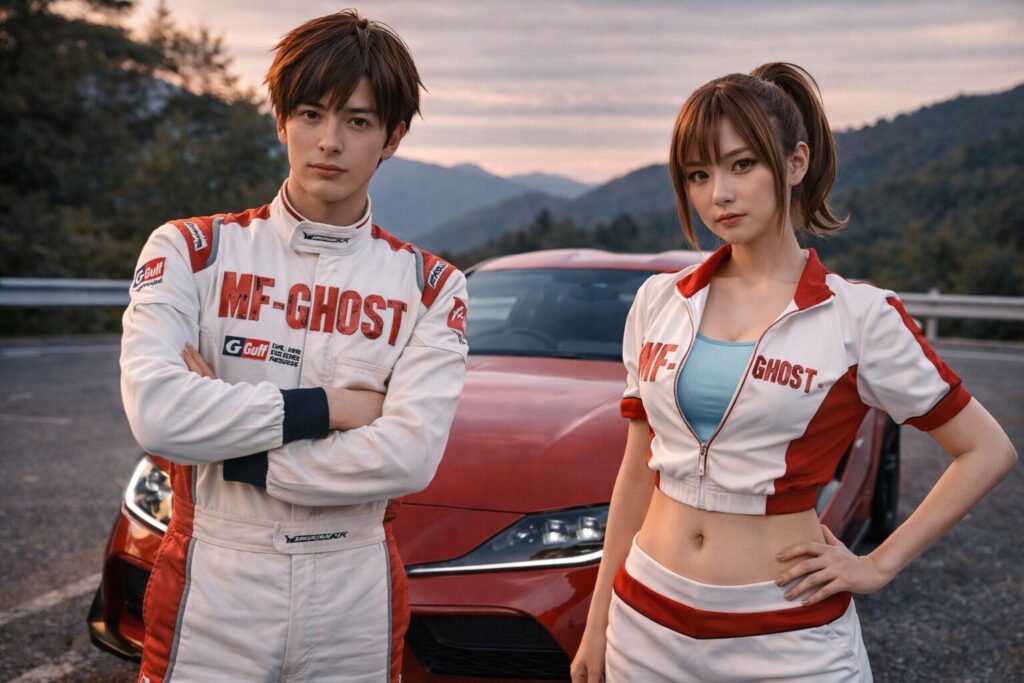 車の前でポーズをとるアニメ「MFゴースト」のコスプレイヤーたち