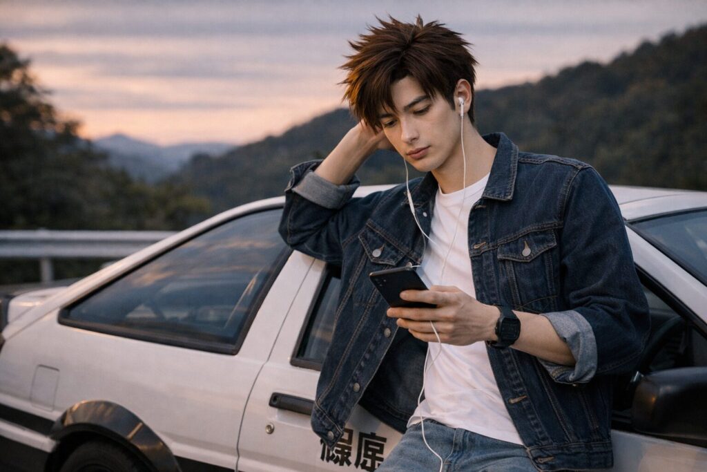 車に寄りかかりスマホで音楽を聴く「イニシャルD」のコスプレイヤー