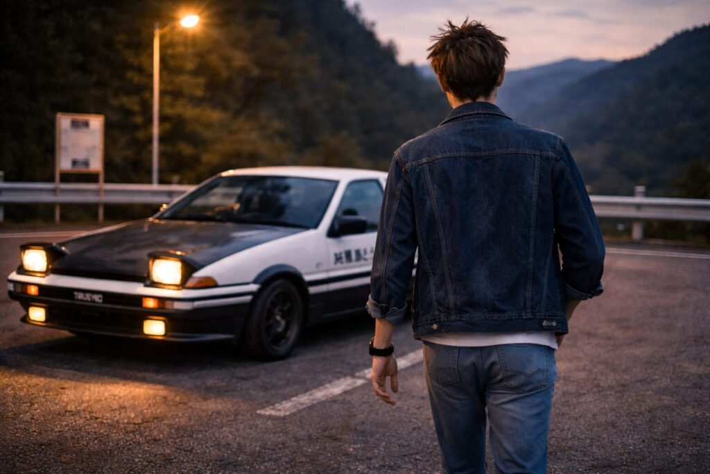 車に向かうアニメ「イニシャルD」のコスプレイヤーの後ろ姿