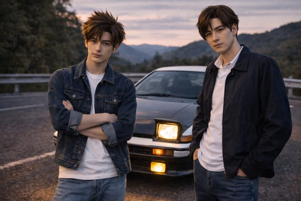 車の前でポーズをとるアニメ「イニシャルD」のコスプレイヤーたち