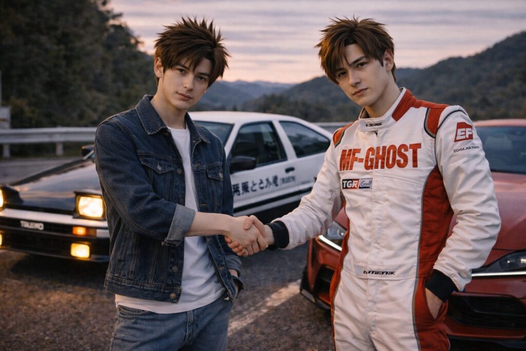 車の前で握手をする「イニシャルD」と「MFゴースト」のコスプレイヤー
