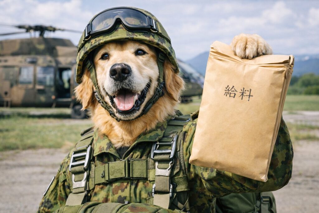 分厚い給料袋を見せびらかすレトリバーの空挺団員