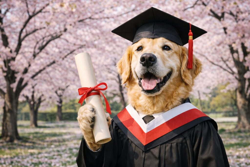 桜の木の下で記念撮影をするレトリバーの卒業生