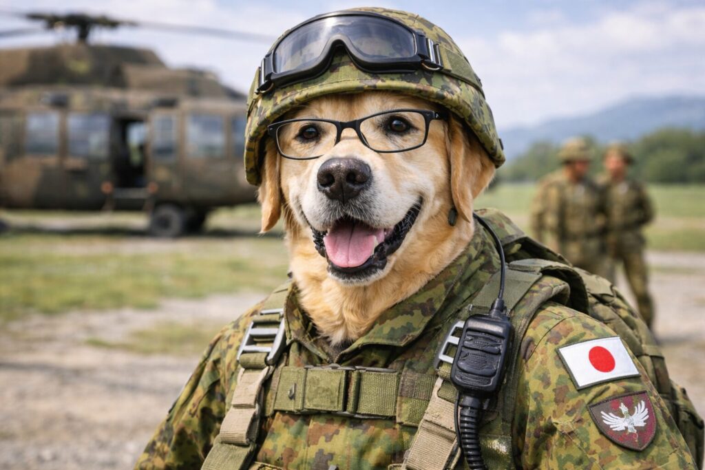 眼鏡をかけたラブラドールのエリート空挺団員