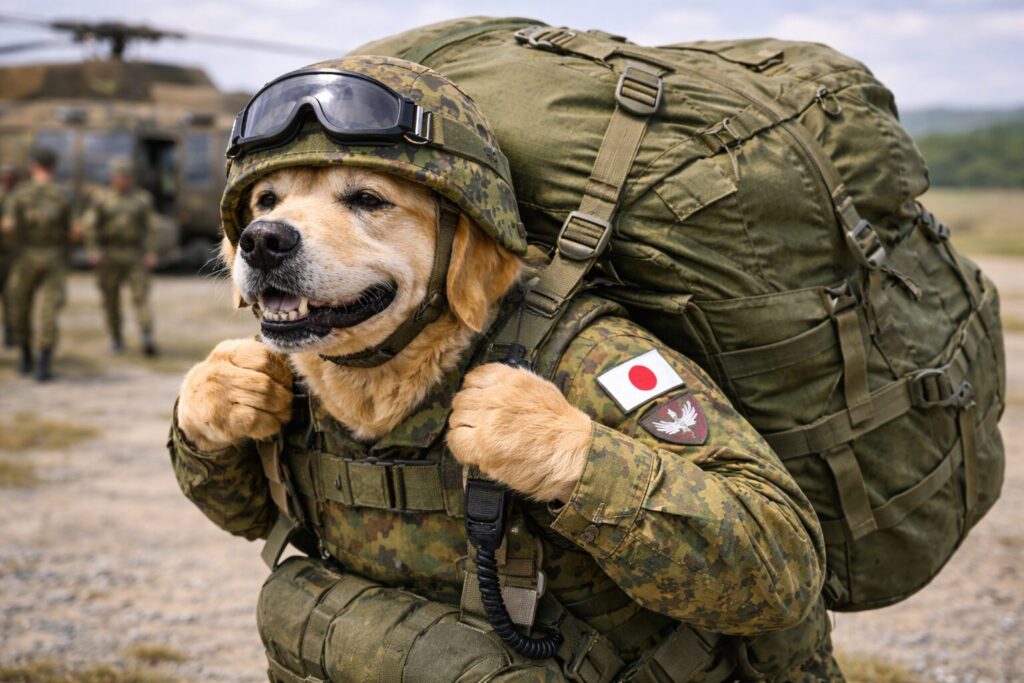 歯を食いしばって大きな背のうを背負うレトリバーの空挺団員