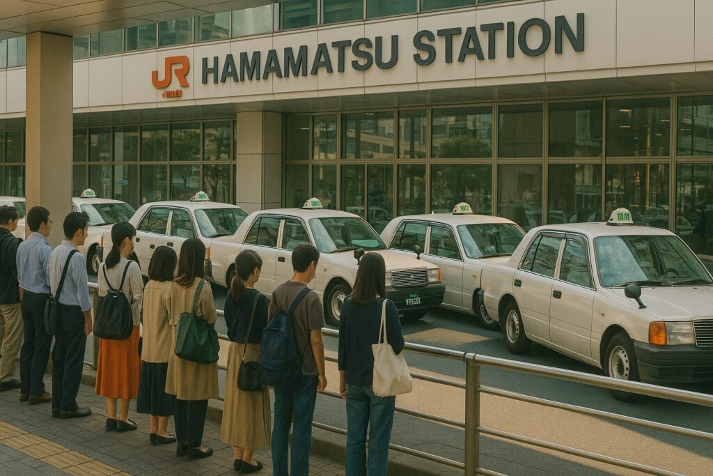 行列ができている浜松駅前のタクシー乗り場