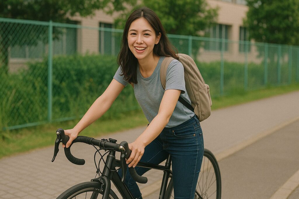 スポーツタイプの自転車で駐輪する笑顔の女子