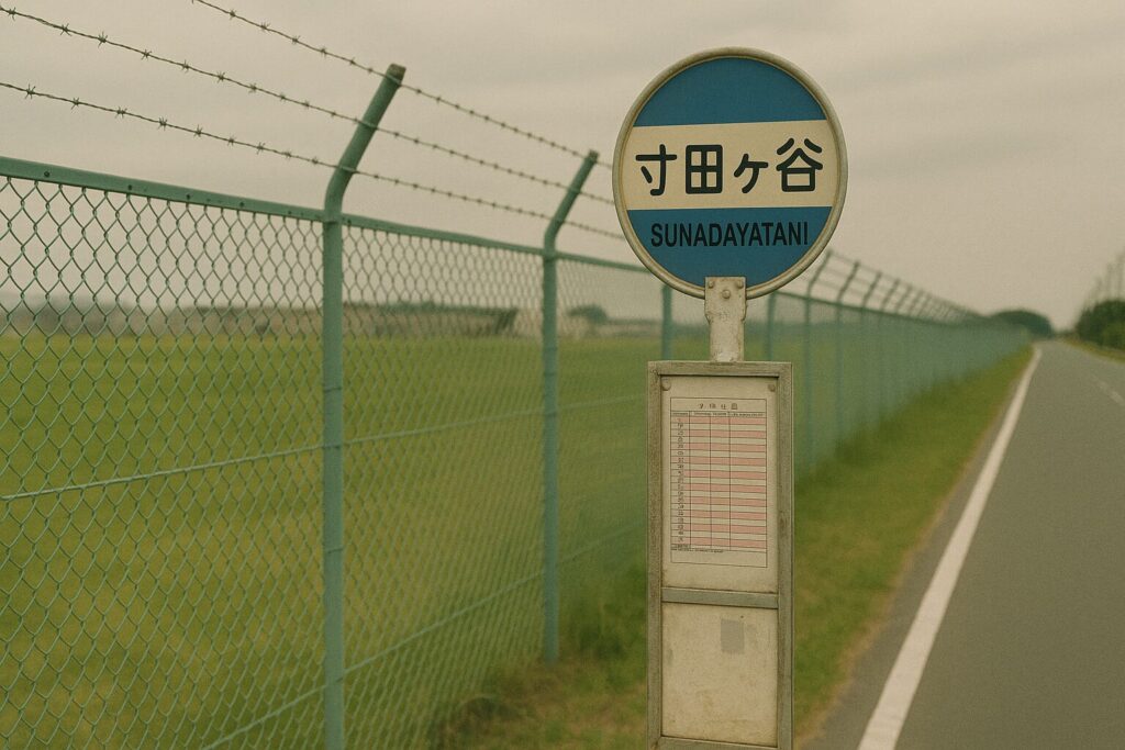 基地のフェンス沿いにある「寸田ヶ谷」バス停