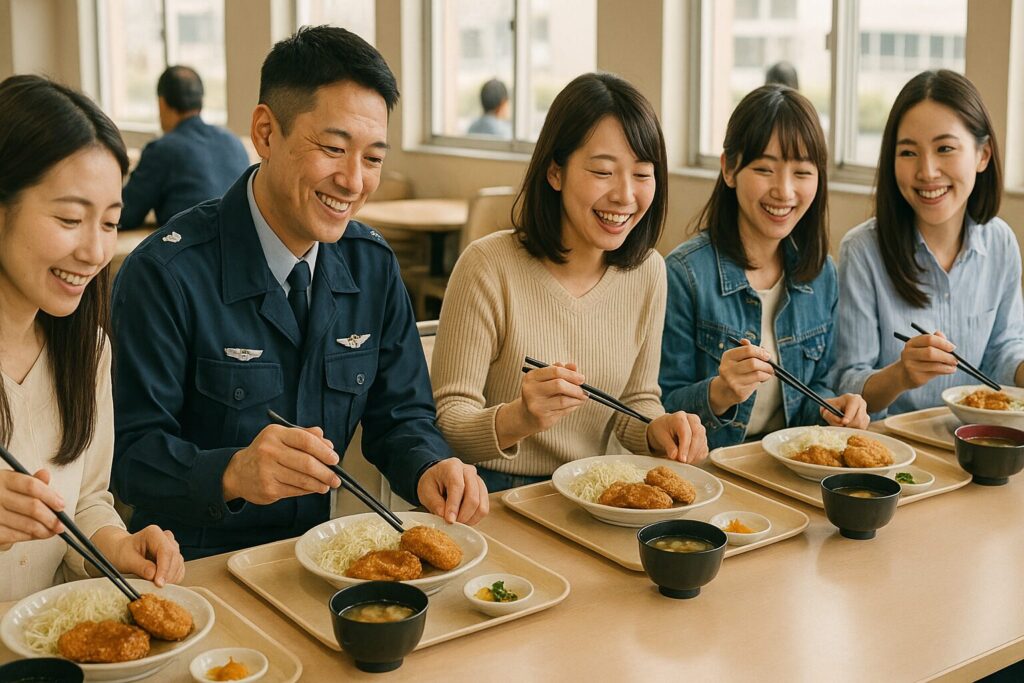 基地の食堂で定食を食べる航空自衛官と一般女性たち