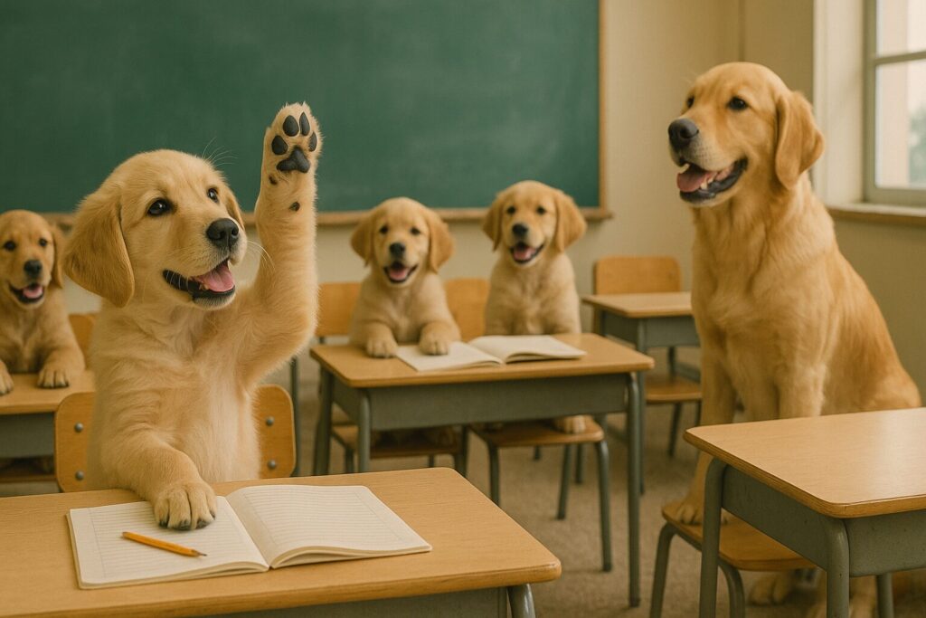 ラブラドールの学校で先生に質問する子犬