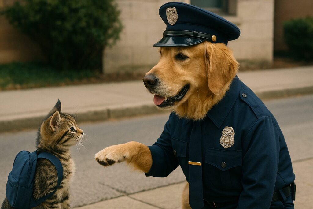 子猫の小学生に道を教えるレトリバーのお巡りさん