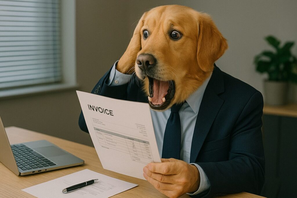 請求書を見て驚愕しているレトリバーのサラリーマン