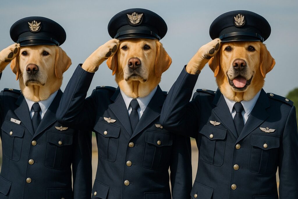 敬礼するレトリバーの航空自衛官3人