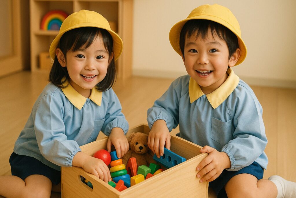 一つのおもちゃ箱を共有する2人の幼稚園児