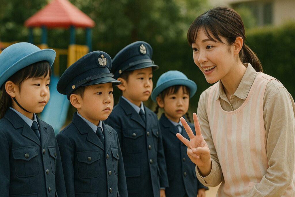 自衛官の制服を着た園児たちを数える保母さん