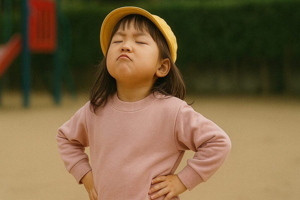 腰に手を当てて偉そうにふんぞり返る女子園児