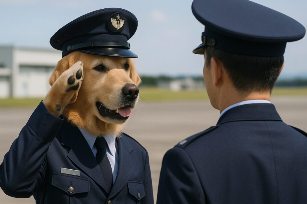 上官に敬礼するレトリバーの航空自衛官