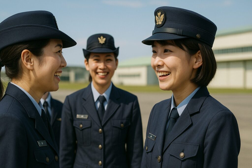 基地内で談笑する女性航空自衛官たち