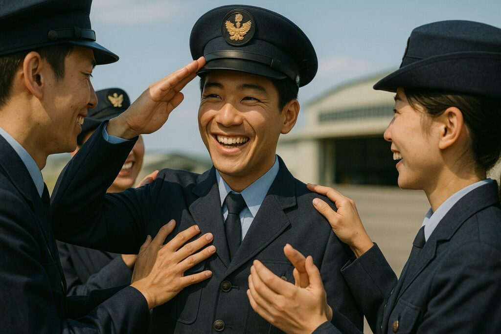 仲間たちに昇進を祝福される航空自衛官