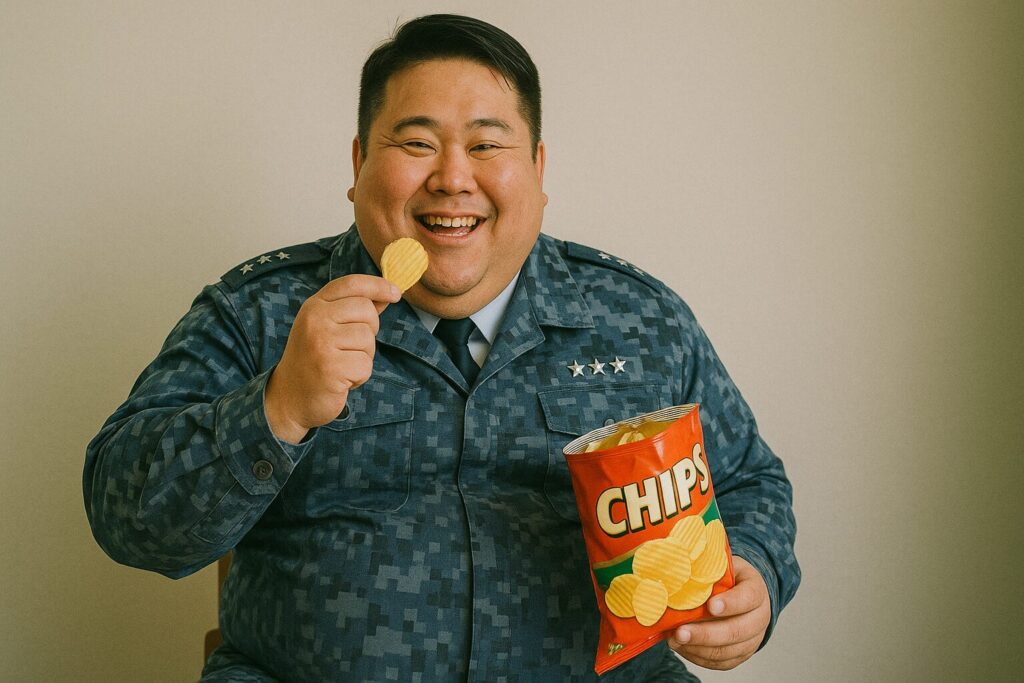 笑顔でポテチを食べるメタボな航空自衛官