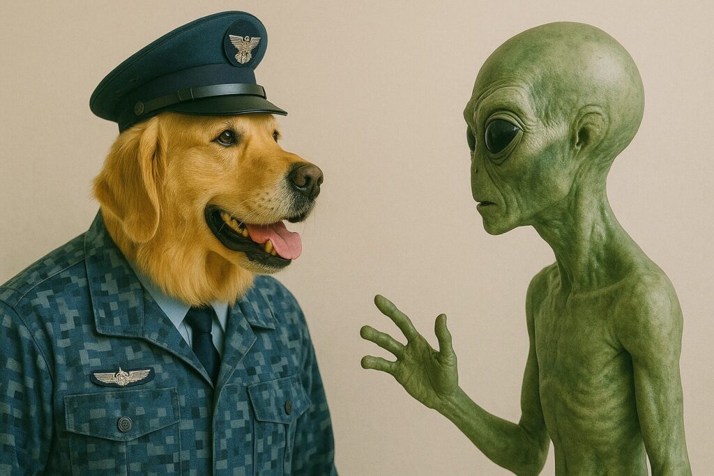 エイリアンと会話するレトリバーの航空自衛官