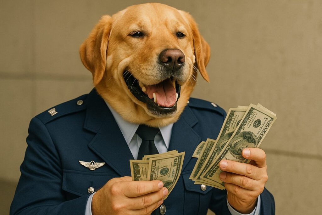 嬉しそうに札束を数えるレトリバーの航空自衛官