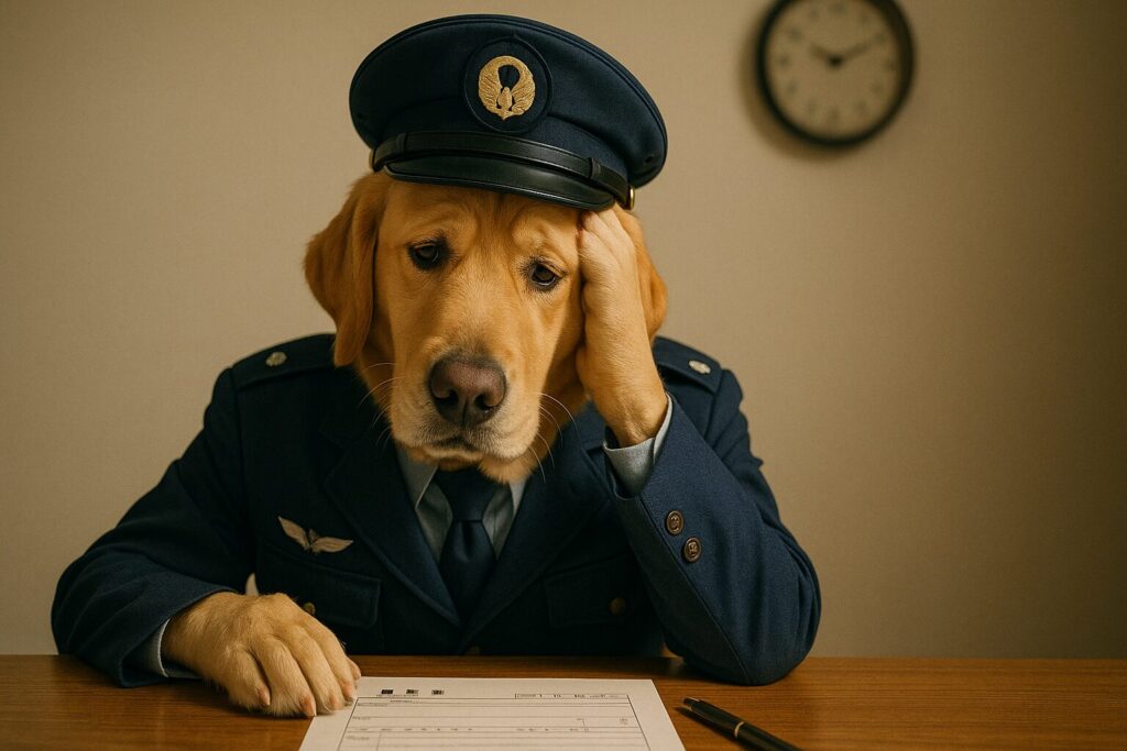 履歴書の書き方で悩むレトリバーの航空自衛官