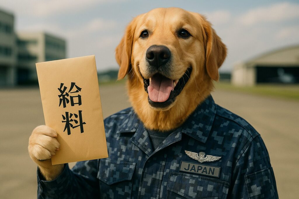 嬉しそうに給料袋を見せびらかすレトリバーの航空自衛官