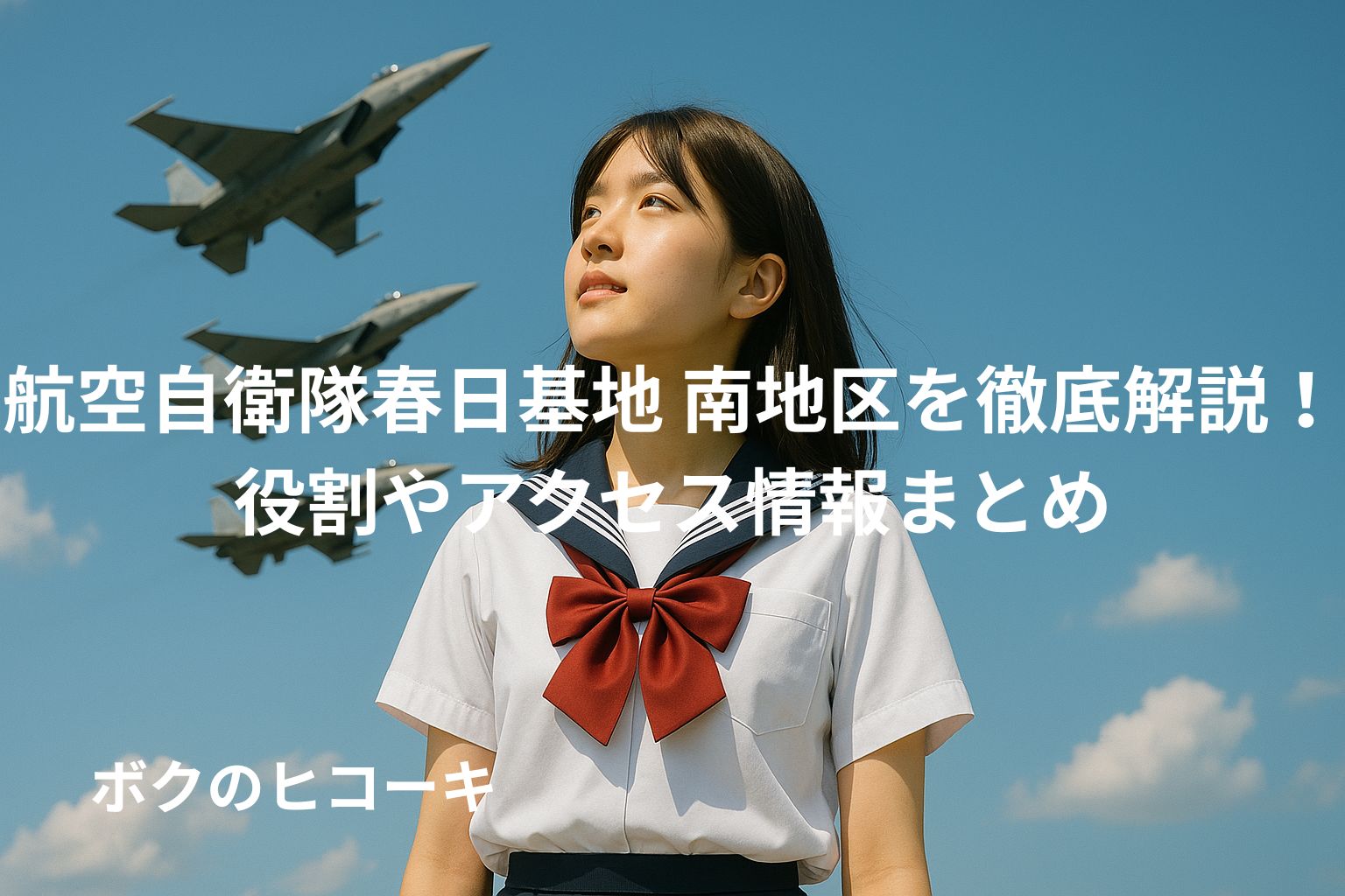 飛行する自衛隊戦闘機を見上げる女子高生