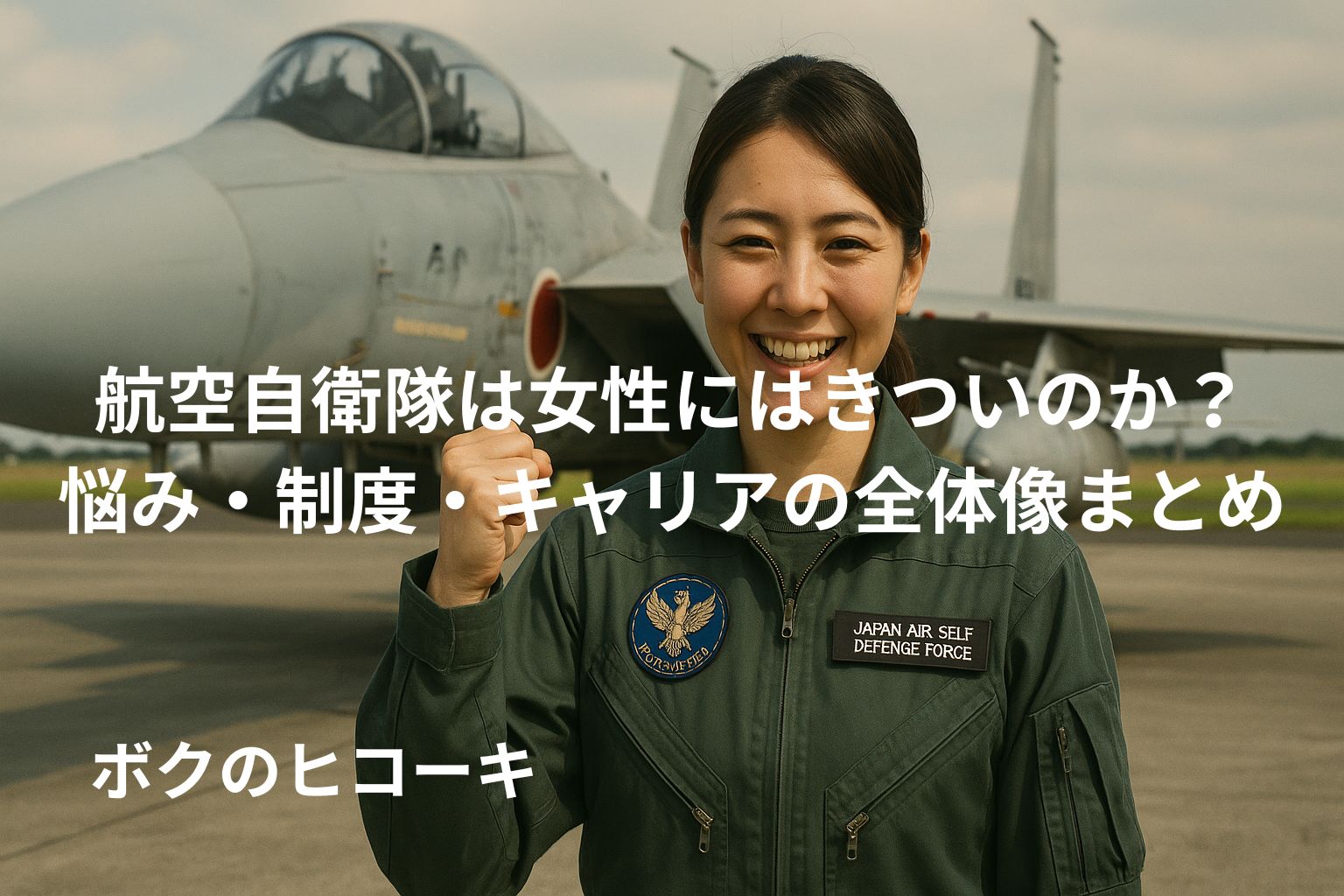 戦闘機を背景にガッツポーズをする女性航空自衛隊員