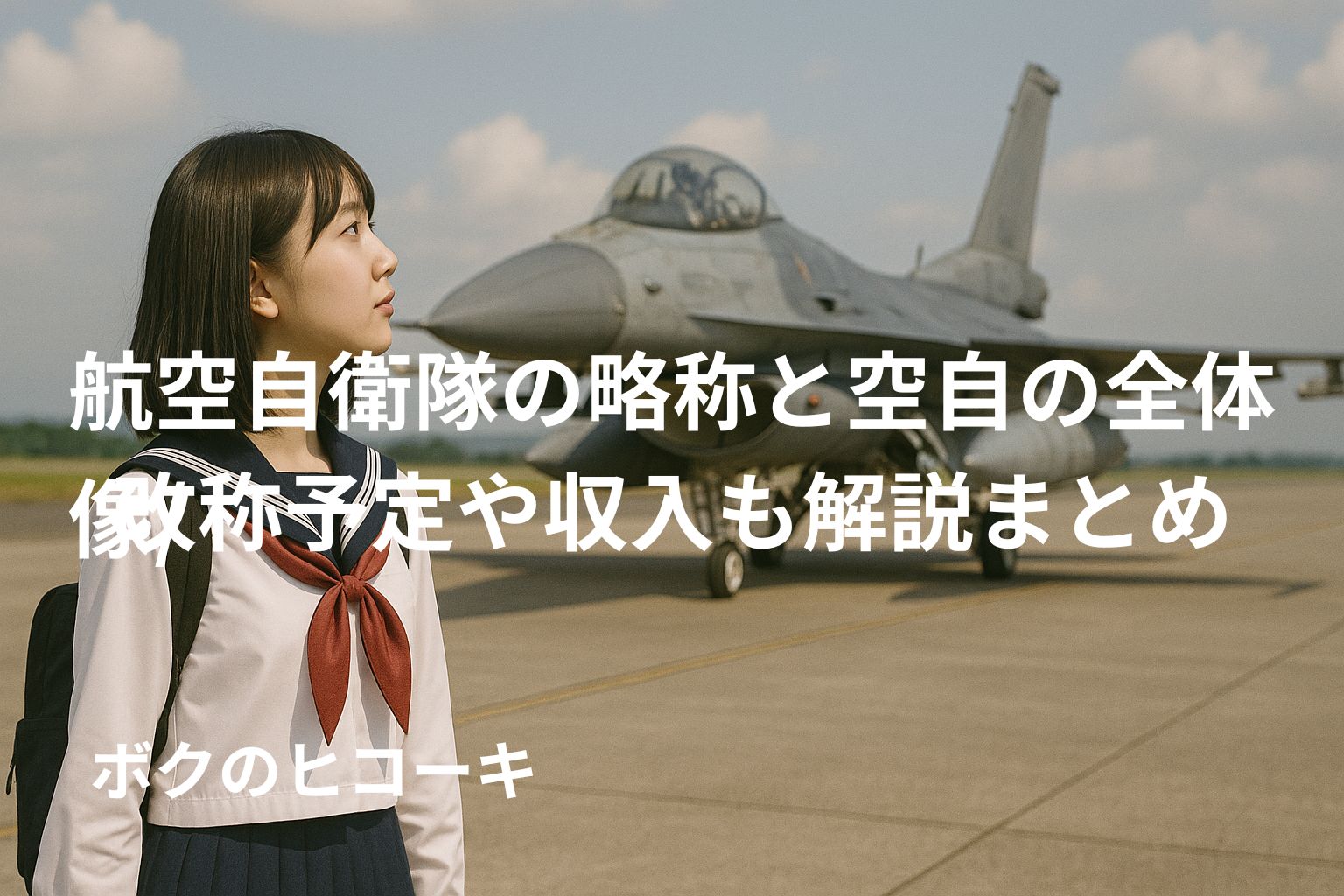 自衛隊戦闘機を見つめる女子高生