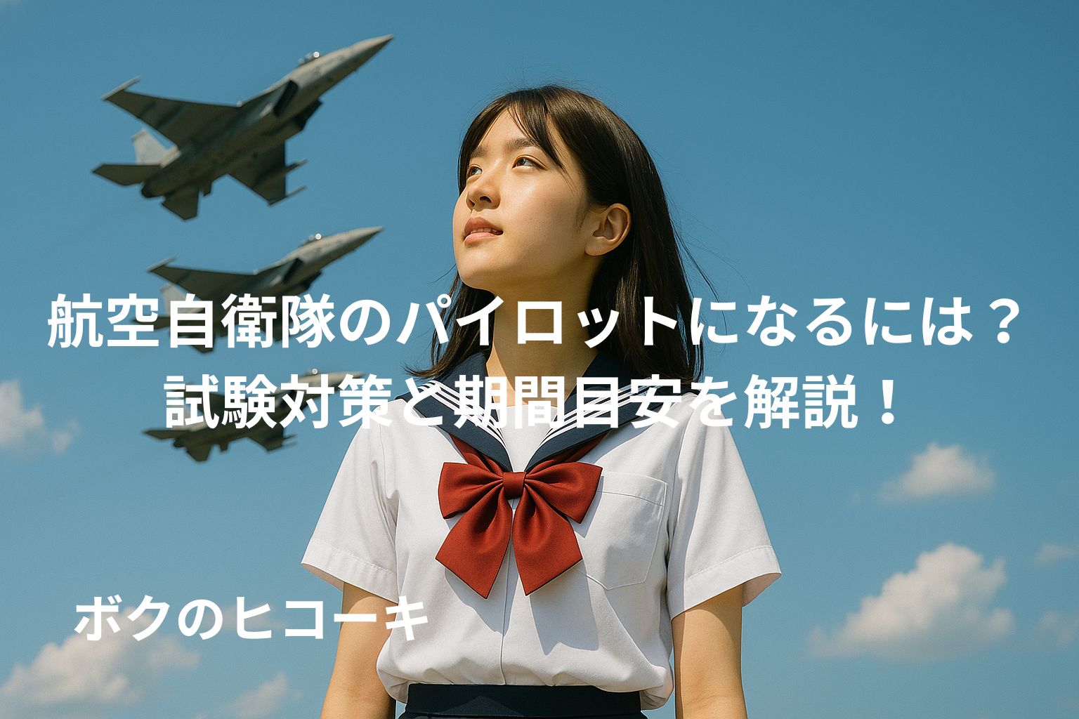 戦闘機を見上げる女子高生