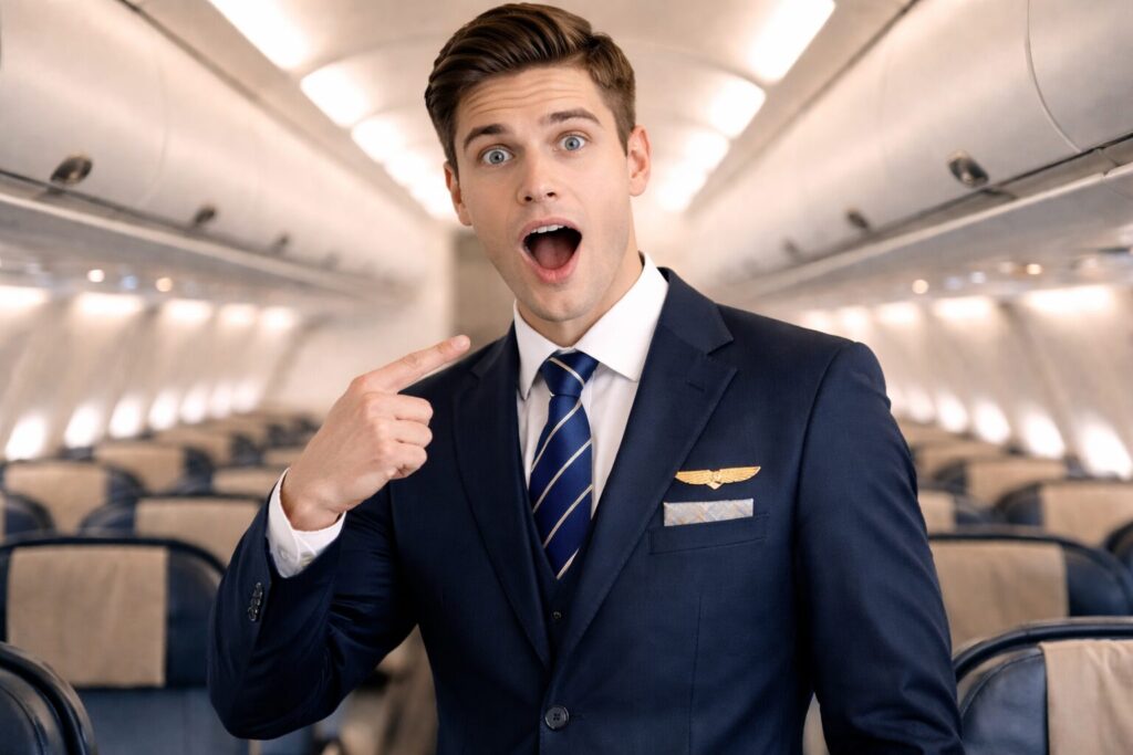 驚いた顔で自分の顔を指さす男性キャビンアテンダントト